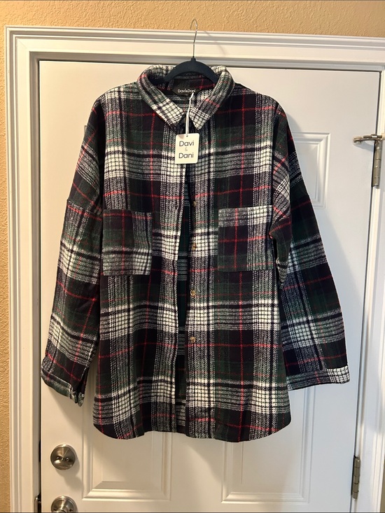 DAVI & DANI Jackets & Blazers - DAVI & DANI Black, White and Red Plaid Utility Shacket